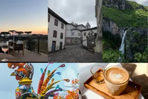 Colagem com cinco imagens representando destinos culturais de inverno no Brasil: taças de vinho ao pôr do sol, rua de pedra em cidade histórica, cachoeira em meio à mata, fantasia colorida de folia nordestina e café com leite em bandeja de madeira.