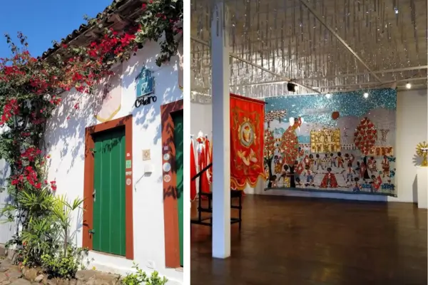 Fachada colonial florida e espaço expositivo cultural em Paraty, no Rio de Janeiro.