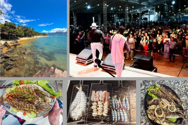 Montagem da cultura caiçara em Ilhabela com praias paradisíacas, festa popular com música e pratos típicos de peixe e frutos do mar.