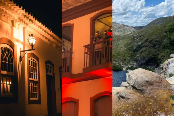 Colagem com três cenas de Diamantina: rua colonial iluminada por lampião à noite, músicos tocando em uma varanda histórica e paisagem natural com cachoeira entre montanhas.