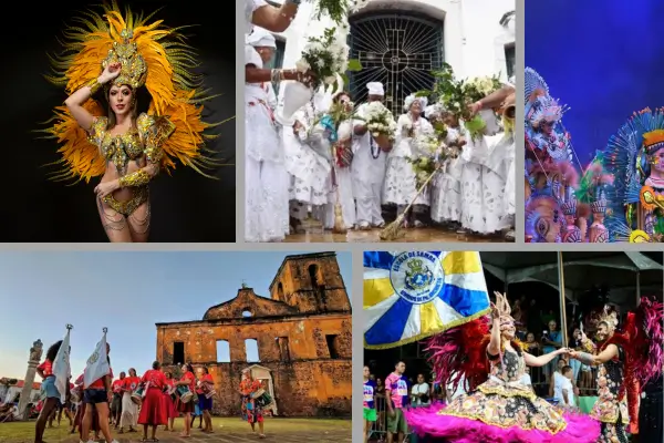Montagem com cinco celebrações culturais do verão no Brasil: Carnaval do Rio de Janeiro, Lavagem do Bonfim em Salvador, Festival de Parintins no Amazonas, Festa do Divino Espírito Santo em Alcântara e cultura caiçara em Ilhabela.