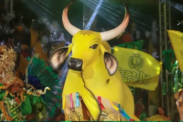 Apresentação do Festival de Parintins no Amazonas com dançarinos em fantasias coloridas representando a disputa entre os bois Garantido e Caprichoso.