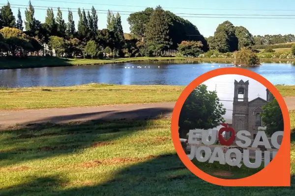Vista de um lago cercado por árvores altas em São Joaquim, Santa Catarina. Em destaque, um círculo mostra o letreiro “Eu ❤️ São Joaquim” em frente a uma igreja de pedra.