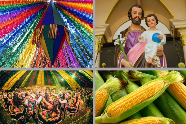 Montagem com símbolos do inverno brasileiro: bandeirinhas coloridas, imagem de santo, quadrilha junina e espigas de milho.