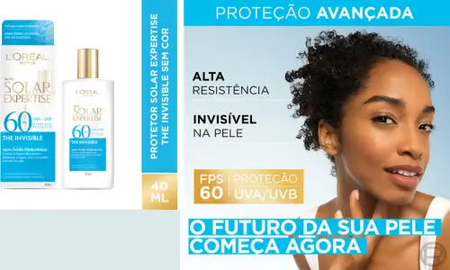 Protetor solar L’Oréal Solar Expertise The Invisible FPS 60 – alta resistência e textura invisível, ideal para viagens de verão.