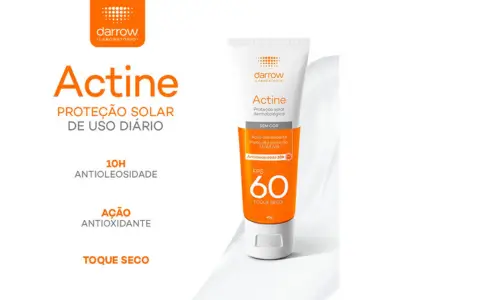 Protetor solar facial Darrow Actine FPS 60 para pele oleosa – proteção leve e sem brilho.