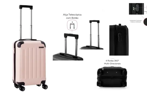 Mala de bordo rosa com estrutura rígida em ABS, alça telescópica e rodas 360°, ideal para viagens de verão.