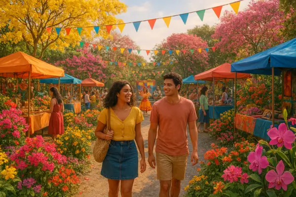 Pessoas caminhando entre flores coloridas e obras de arte em um festival de primavera no Brasil.