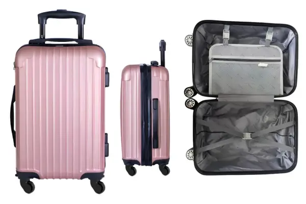 Mala de bordo rosa com rodas 360°, alça retrátil e interior espaçoso com compartimentos organizadores – ideal para viagens curtas.