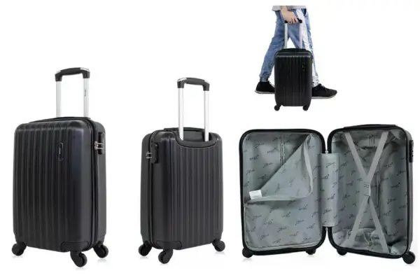 Mala de bordo preta com estrutura rígida em ABS, rodas 360° e alça retrátil – resistente e prática para viagens culturais e urbanas.