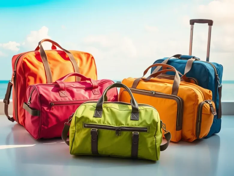 Malas de viagem coloridas em tons vibrantes sobre uma superfície clara com o mar ao fundo, ideais para viagens de primavera e verão.
