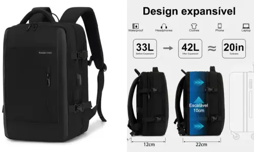 Mochila expansível de viagem com capacidade ajustável de 33 a 42 litros, ideal para levar roupas, notebook e acessórios.