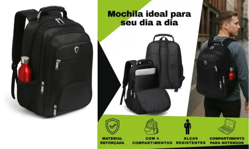 Mochila preta com compartimento para notebook, vários bolsos e alças reforçadas, ideal para o dia a dia e pequenas viagens.