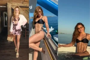 Virgínia Fonseca em diferentes momentos de viagem, entre praia, barco e look casual, representando estilo e lazer em destinos culturais e sensoriais.