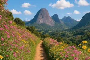 Trilha de terra ladeada por flores rosas e amarelas com a Pedra Azul ao fundo sob céu azul e nuvens na primavera.