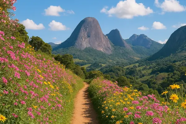 Trilha de terra ladeada por flores rosas e amarelas com a Pedra Azul ao fundo sob céu azul e nuvens na primavera.